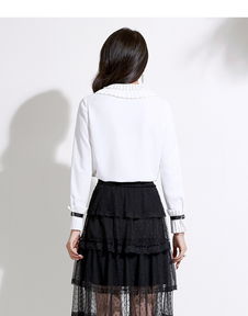 施悅名 娃娃領襯衫女2020春季新品精品女裝甜美淑女純色減齡長袖雪紡襯衣a