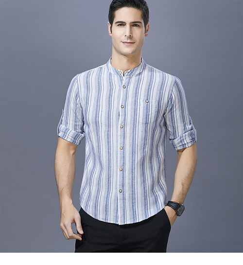 男休閑條紋立領(lǐng)亞麻半袖襯衣中年爸爸裝夏季新品薄款棉麻短袖襯衫牌服