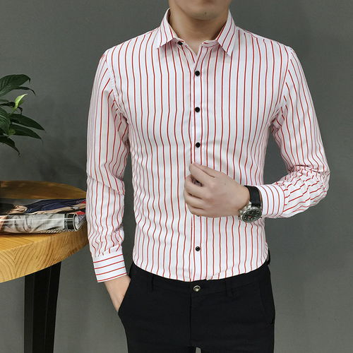 19新春時尚男士襯衫男條子休閑男寸衣韓版修身商務襯衫長袖