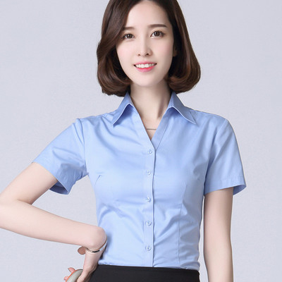 Vanled短袖襯衫女夏季職業裝棉上班工作服娃娃領寸衫修身顯瘦半袖白襯衣 S 藍色V領 Vanled女士襯衫【價格 圖片 品牌 報價】-蘇寧易購