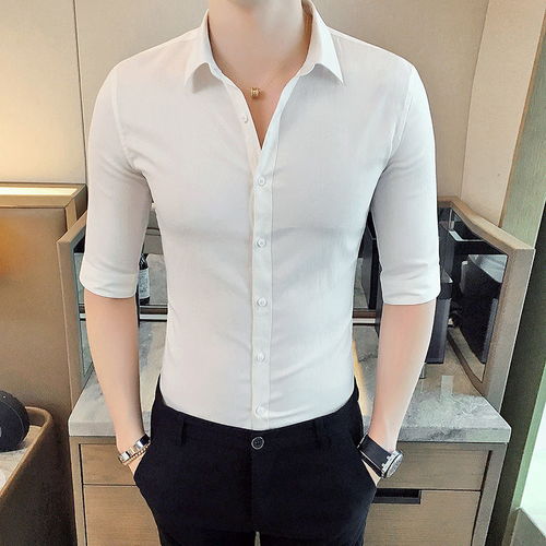 夏季男士七分袖襯衫白襯衣韓版修身長袖時尚襯衫潮流